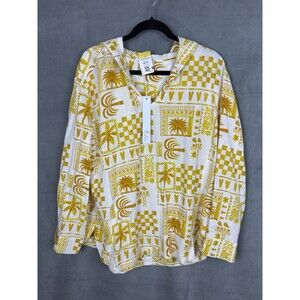 Jane & Delancey Hoodie Womens Large Linen Blend Top Yellow Print Beach Resort
